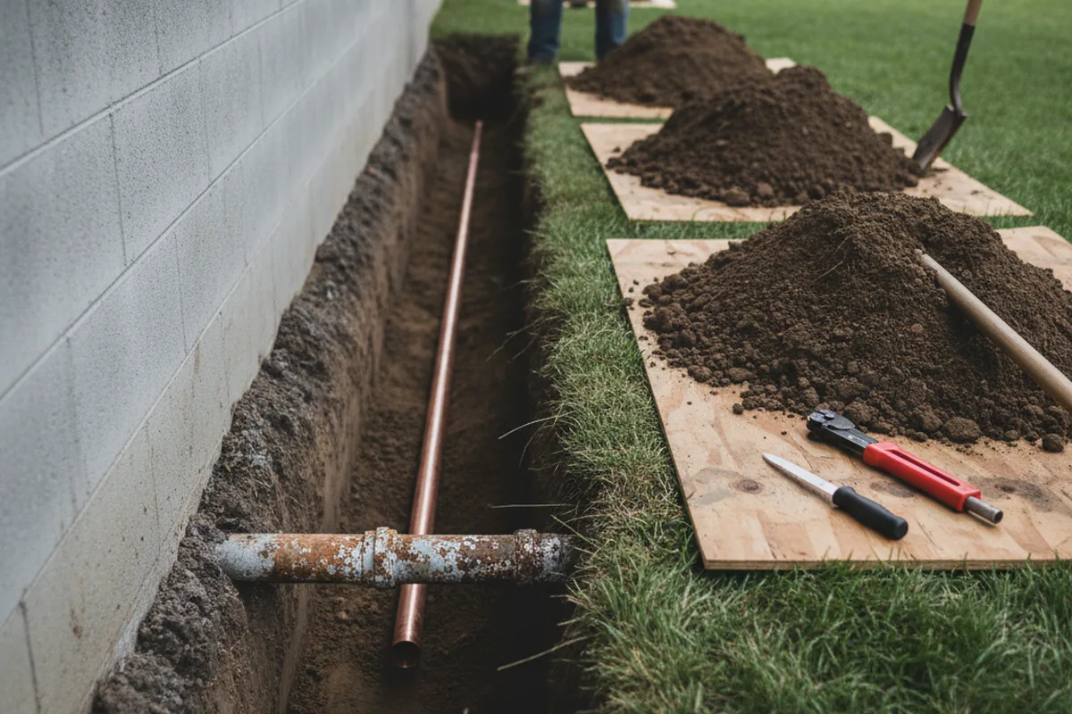 Excavated water line trench during Water Softener Installation in Madras